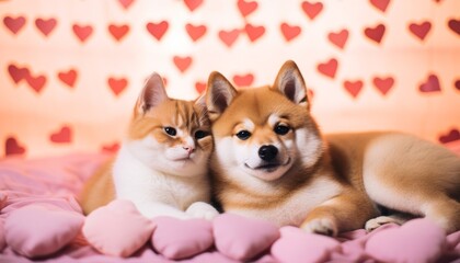 Shiba Inu and red haired cat on the heart background. St. Valentine's day concept.