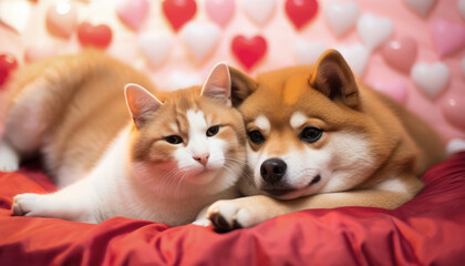Shiba Inu and red haired cat on the heart background. St. Valentine's day concept.