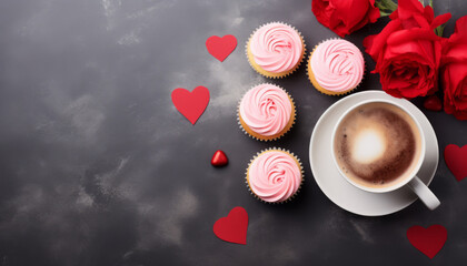 Valentines day concept, delicious cupcake with heart on top with morning coffee on dark background with copy space