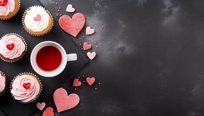 Valentines day concept, delicious cupcake with heart on top with morning tea on dark background...
