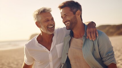 Obraz premium Happy mature father with son talking in the relax time, spending happy moment and enjoy family on weekend.