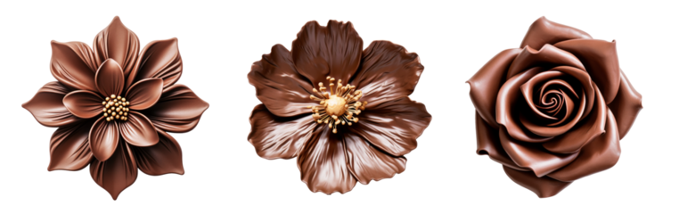 set of chocolate decor flowers on isolated background