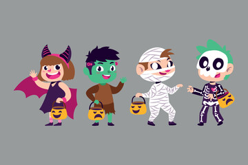 Hand drawn cute cartoon halloween trick or treat bat zombie mummy and skull character illustration collection set