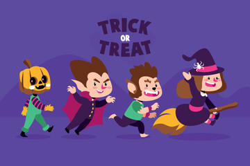 Hand drawn cute cartoon halloween trick or treat pumkin vampire werewolf and witch character illustration collection set