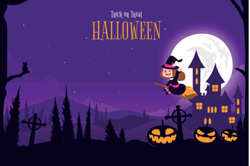 Hand drawn cute cartoon halloween trick or treat pumpkin and witch character with castle illustration background