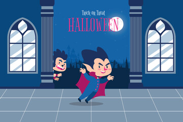 Hand drawn cute cartoon halloween trick or treat vampire dan werewolf character illustration background
