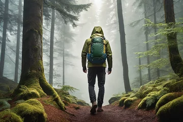 Foto op Canvas Forest, fog, mountains in the distance, man in the sport hood standing looking back to the deep fog inside the forest. © Hadiid