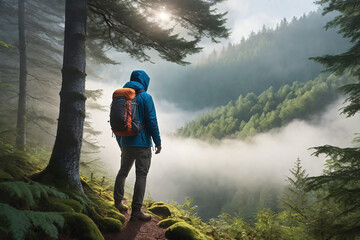 Forest, fog, mountains in the distance, man in the sport hood standing looking back to the deep fog inside the forest.