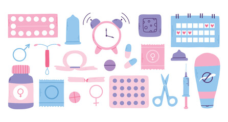 Types of contraception. Pills, calendar, patch, condom and coil. Vector illustration in a flat style. Poster with contraception. World contraception day. - obrazy, fototapety, plakaty
