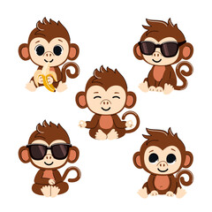 Set of cute baby monkeys. Vector illustration of characters in different poses.