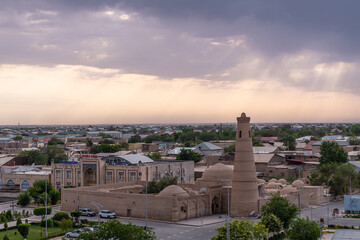City walls of the ancient city of Khiva in Uzbekistan, at the sunset.