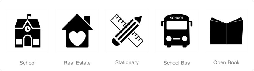 A set of 5 mix icons as school, real estate, stationery