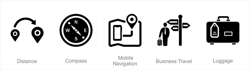 A set of 5 mix icons as distance, compass, mobile navigation
