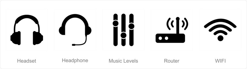 A set of 5 mix icons as headset, headphone, music levels