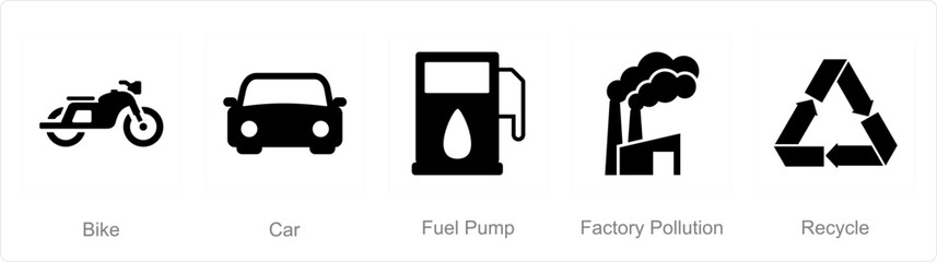 A set of 5 mix icons as bike, car, fuel pump
