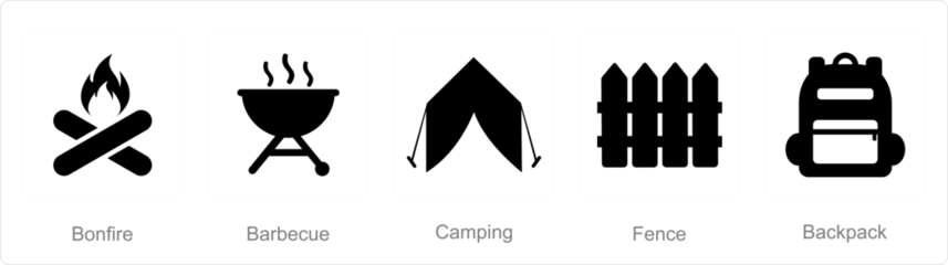 Fotobehang A set of 5 mix icons as bonfire, barbecue, camping © popcornarts