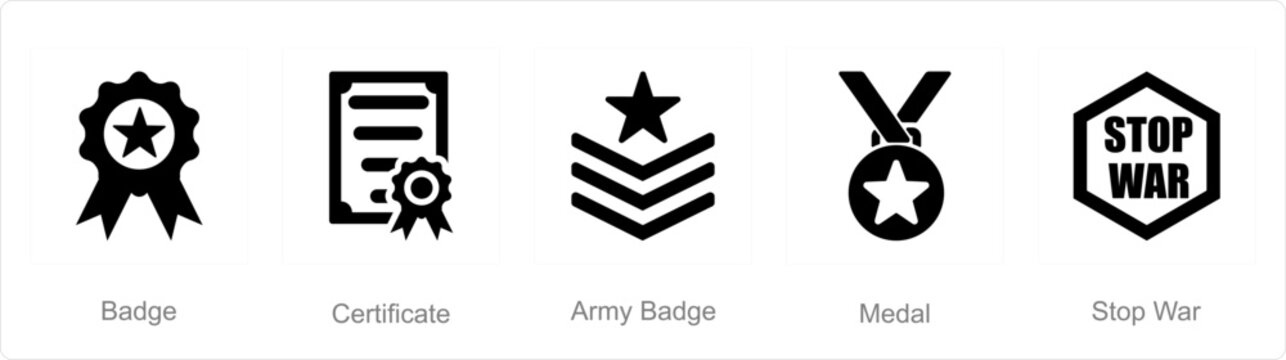 A set of 5 mix icons as badge, certificate, army badge