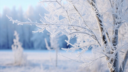 樹氷のアップ、寒い冬の凍った木の枝