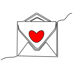 envelope with heart continuous line drawing. Valentine's day. Template for love cards and invitations. Isolated on white background.