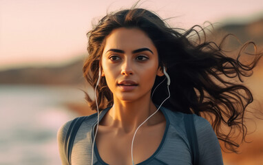 Young woman do running or jogging at the seaside with wearing headphones.