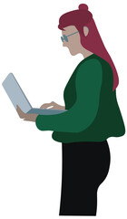 Girl with long hair working on a laptop while standing 