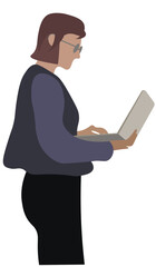 Girl with short hair working on a laptop while standing 