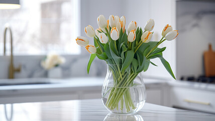Spring tulips in a vase, stylish bright kitchen in the background	