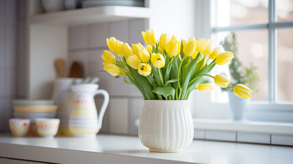 Spring tulips in a vase, stylish bright kitchen in the background