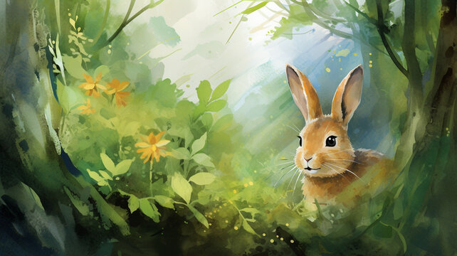 watercolor image of rabbit in spring forest