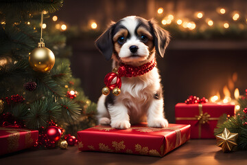 dog with christmas gift