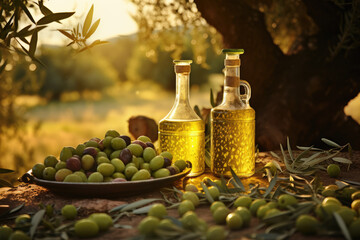 Golden olive oil bottles with olives leaves and fruits setup in the middle of rural olive field with morning sunshine