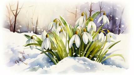 watercolor image of first spring flowers, snowdrops in the snow	