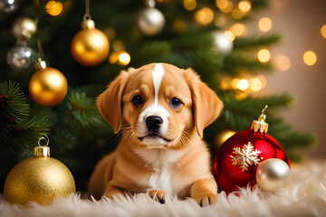 golden retriever and christmas tree