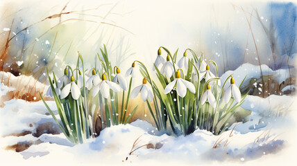 watercolor image of first spring flowers, snowdrops in the snow