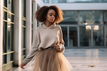 Obraz premium Fashionable woman in a sweater and skirt A fictional character created by Generated AI. 