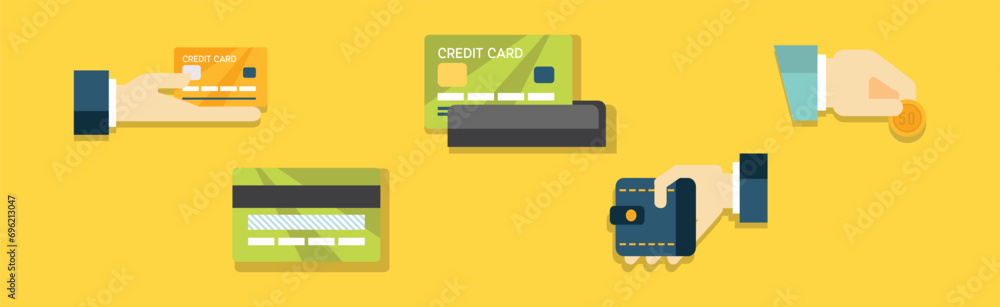 Aufkleber payment and commerce object with credit card and wallet vector set