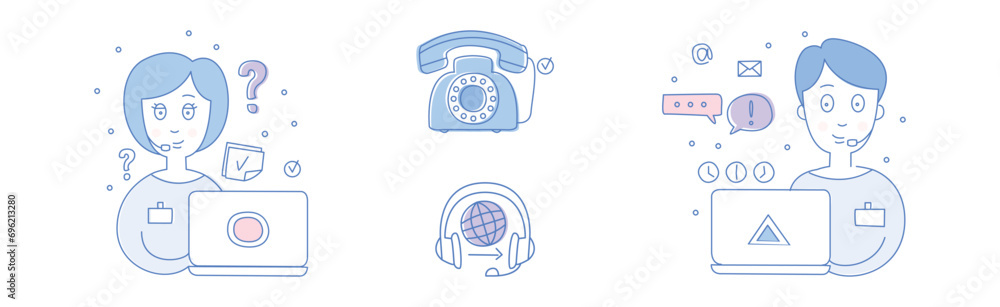 Poster call center and product management and support line icon vector set