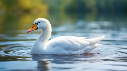 Serene image of a white swan gliding across a pond amidst stunning natural landscapes.