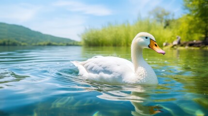 Obraz premium a white swan swimming in a pond with beautiful natural views