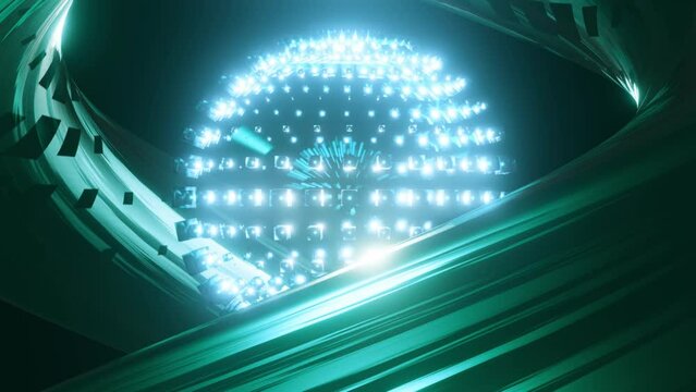 Psychedelic abstract bright disco ball spinning seamless. Glowing cyan colors. Seamless loop background. Dance party. 3d render for music performance. Seamless VJ loop animation