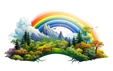 A Rainbow Gracefully Embracing a Verdant Valley Isolated on Transparent Background PNG.