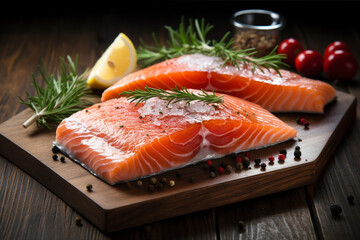 Delicious  raw salmon steak on a wooden table with lemon, salt and pepper