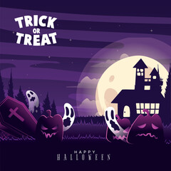Hand drawn cute cartoon trick or treat halloween moon nightn with castle silhouette background design