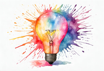 Hand drawn light bulb with watercolor colorful splash background - obrazy, fototapety, plakaty