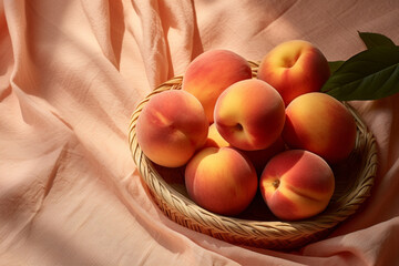 Ripe peaches with leaves on a soft coral, peach fuzz color background