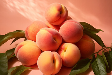 Ripe peaches with leaves on a soft coral, peach fuzz color background