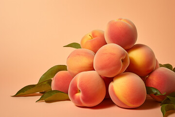 Ripe peaches with leaves on a soft coral, peach fuzz color background