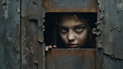 Little girl peering out of a small window with a frightened look, evoking heart wrenching concept of child kidnapping, safeguarding children from abduction and harm - obrazy, fototapety, plakaty