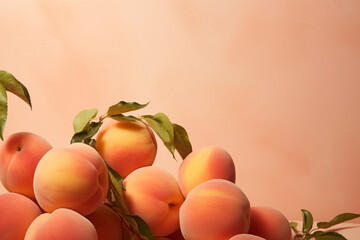 Ripe peaches with leaves on a soft coral, peach fuzz color background