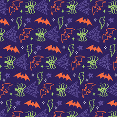 Hand drawn cute halloween trick or treatspider web abd bat seamless pattern background